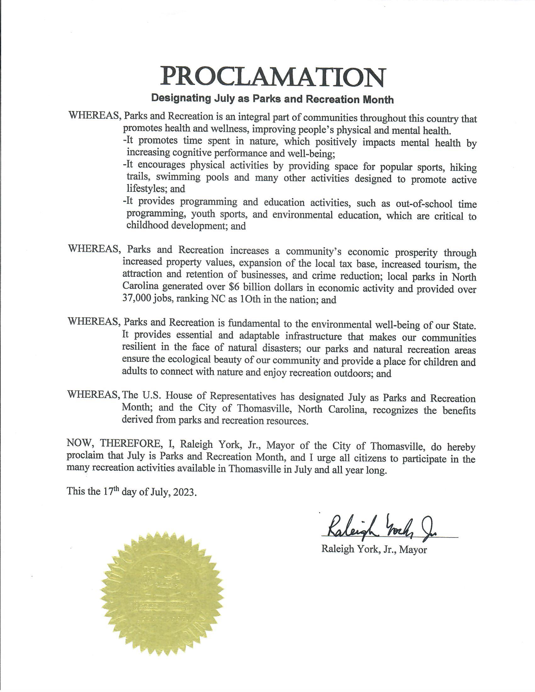 Proclamation - Parks and Rec Month July 2023